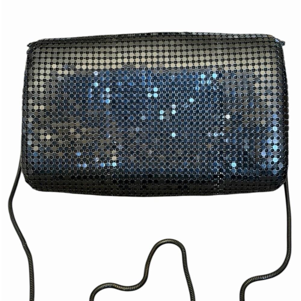 Vintage Black Metal Mesh Rhinestone Evening Bag Clutch Crossbody Y2K Disco - Picture 10 of 14